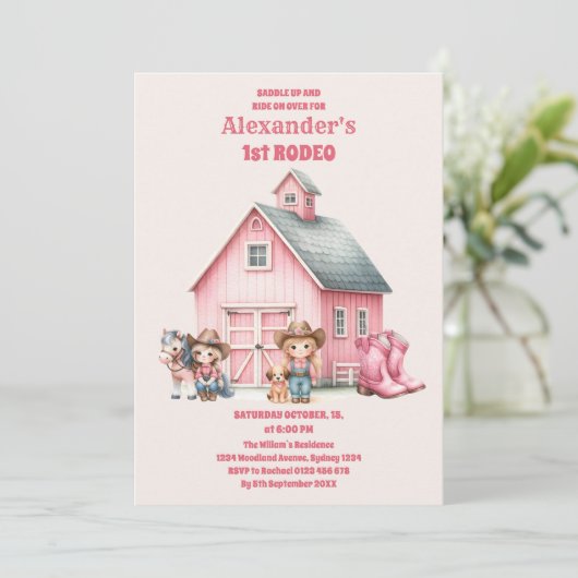 女性のカーボーイワイルドウェスト1stロデオランチバースデーパーティー 招待状 (スタンド正面)