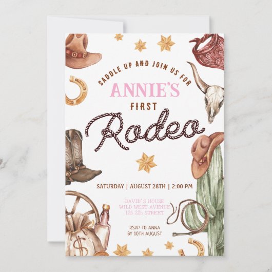 女性のカーボーイワイルドウェスト1stロデオランチバースデーパーティー 招待状 (正面)
