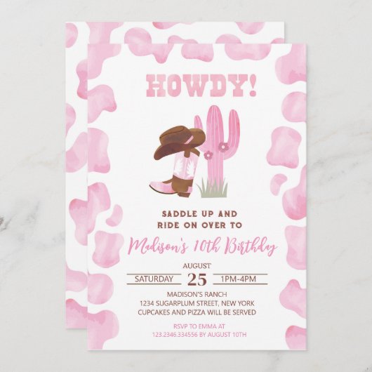 女性のカーボーイワイルドウエストウェスタン誕生日招待状 招待状 (正面/裏面)