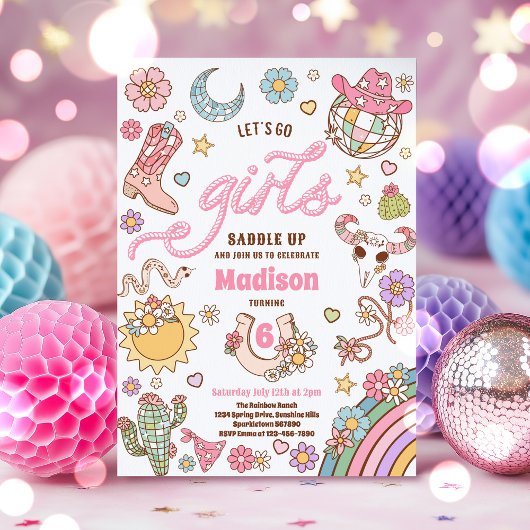 女性のカーボーイワイルドウエストロデオディスコ誕生日パーティー 招待状