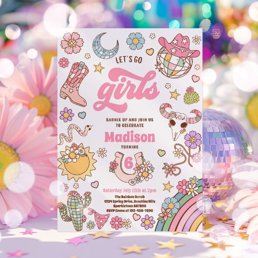 女性のカーボーイワイルドウエストロデオディスコ誕生日パーティー 招待状