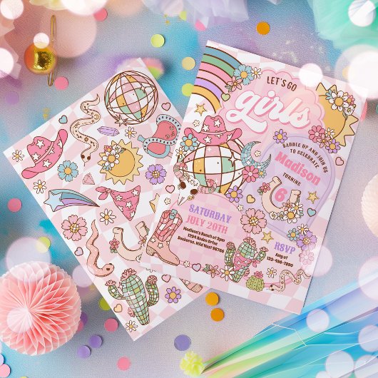 女性のカーボーイワイルドウエストロデオディスコ誕生日パーティー 招待状