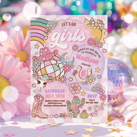 女性のカーボーイワイルドウエストロデオディスコ誕生日パーティー 招待状