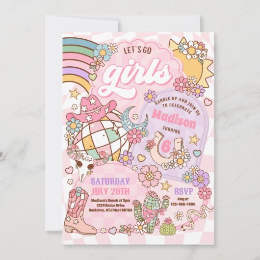 女性のカーボーイワイルドウエストロデオディスコ誕生日パーティー 招待状 (正面)