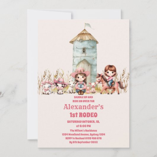 女性のカーボーイワイルドウエストロデオランチバースデーパーティー 招待状 (正面)