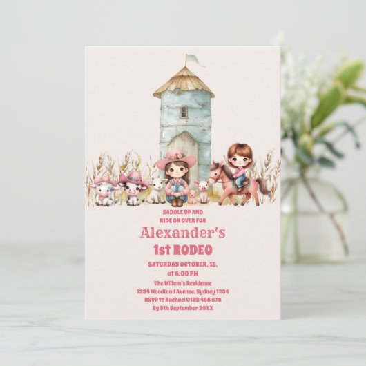 女性のカーボーイワイルドウエストロデオランチバースデーパーティー 招待状 (スタンド正面)