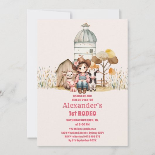 女性のカーボーイワイルドウエストロデオランチバースデーパーティー 招待状 (正面)