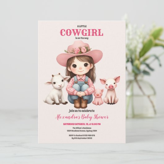 女性のカーボーイワイルドウエストロデオランチベビーシャワー 招待状 (スタンド正面)