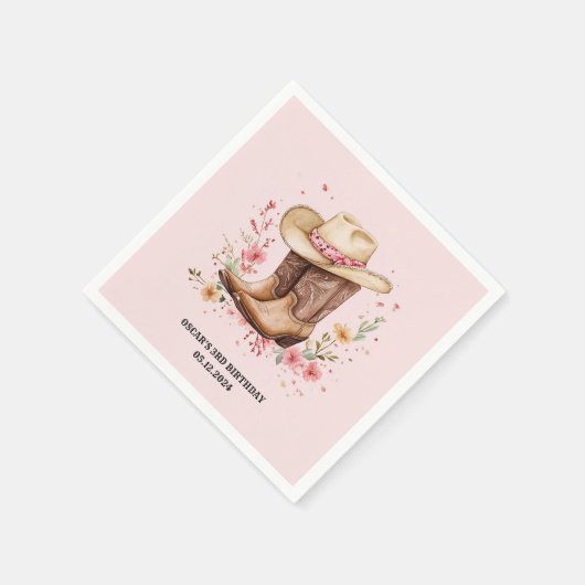 女性のカーボーイワイルドフラワーズバッシュ誕生日ピンクウェスタン スタンダードカクテルナプキン (角)