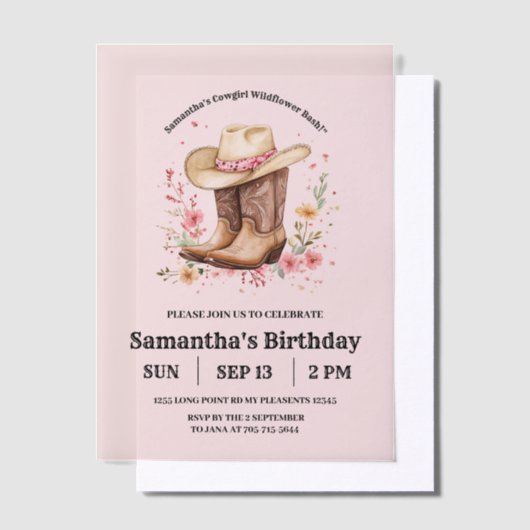 女性のカーボーイワイルドフラワーズバッシュ誕生日 | ピンクの西 ベラム紙招待状 (オフセット)