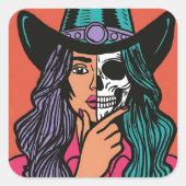 女性のカーボーイ不気味スケルトン手描きステッカー スクエアシール (正面)