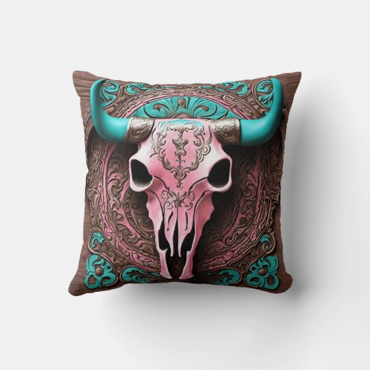 女性のカーボーイ南西部ターコイズピンクブルスカル クッション (裏面)