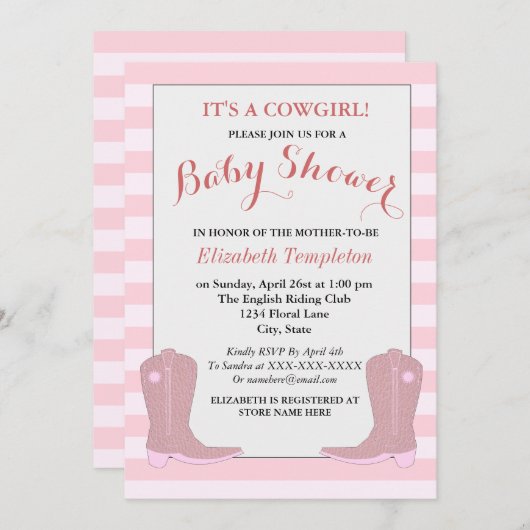 女性のカーボーイ国の赤ちゃんシャワーカード 招待状 (正面/裏面)