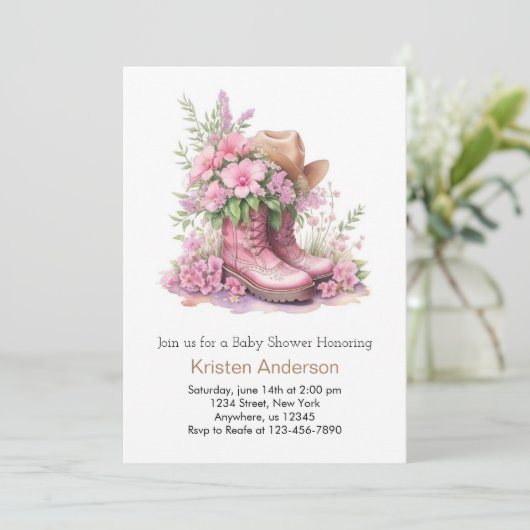 女性のカーボーイ帽子とブーツお祝いベビーシャワー 招待状 (スタンド正面)