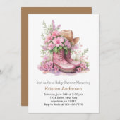 女性のカーボーイ帽子とブーツお祝いベビーシャワー 招待状 (正面/裏面)