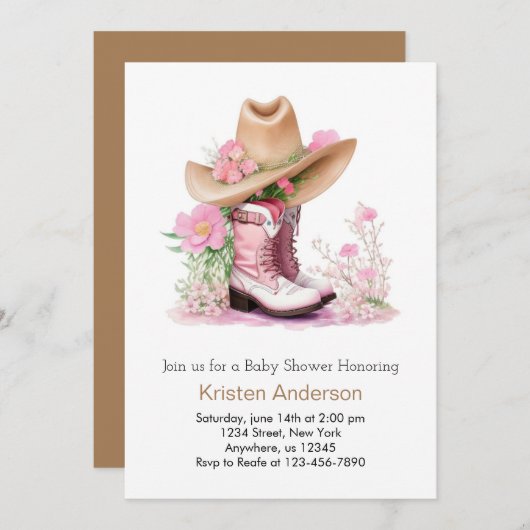 女性のカーボーイ帽子とブーツ水色ドリーム赤ちゃんシャワー 招待状 (正面/裏面)