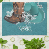 女性のカーボーイ引用文ターコイズレザーカウボーブーツハット キッチンタオル (折り畳み)