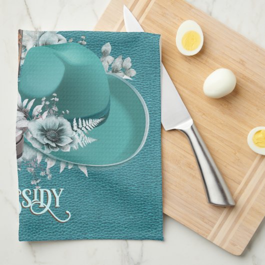 女性のカーボーイ引用文ターコイズレザーカウボーブーツハット キッチンタオル (四つ折り)