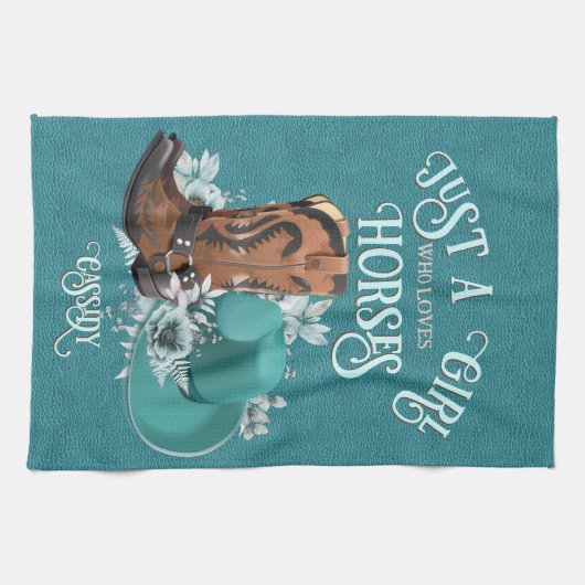女性のカーボーイ引用文ターコイズレザーカウボーブーツハット キッチンタオル (横)