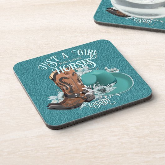 女性のカーボーイ引用文ターコイズレザーカウボーブーツハット コースター (左側)