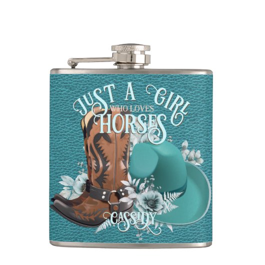 女性のカーボーイ引用文ターコイズレザーカウボーブーツハット フラスク (正面)