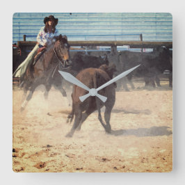 女性のカーボーイ烏口分離牛ウェスタン スクエア壁時計