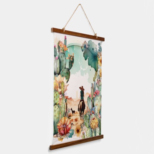 女性のカーボーイ砂漠に乗る水の色サボテン西 吊り下げ型タペストリー (傾斜あり)