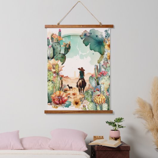 女性のカーボーイ砂漠に乗る水の色サボテン西 吊り下げ型タペストリー (寝室)