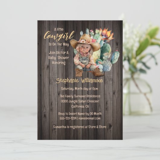 女性のカーボーイ砂漠サボテンの木の花の赤ちゃんシャワー 招待状 (スタンド正面)