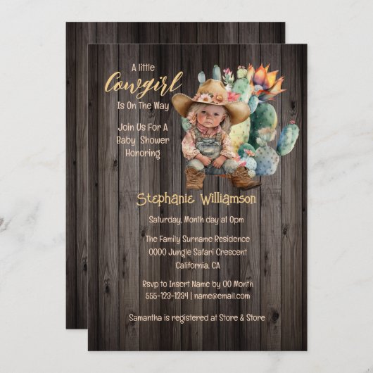 女性のカーボーイ砂漠サボテンの木の花の赤ちゃんシャワー 招待状 (正面/裏面)