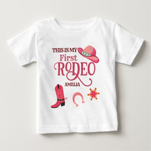 女性のカーボーイ私の最初のRodeo赤ちゃん女の子の最初の誕生日 ベビーTシャツ (正面)