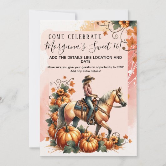 女性のカーボーイ秋パンプキン誕生日 招待状 (正面)