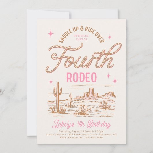 女性のカーボーイ第四ロデオ誕生日招待状 招待状 (正面)