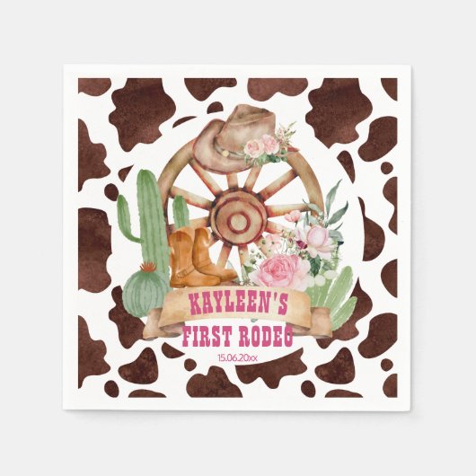 女性のカーボーイ第1回ロデオ誕生日パーティパーソナライズされたー スタンダードカクテルナプキン (正面)
