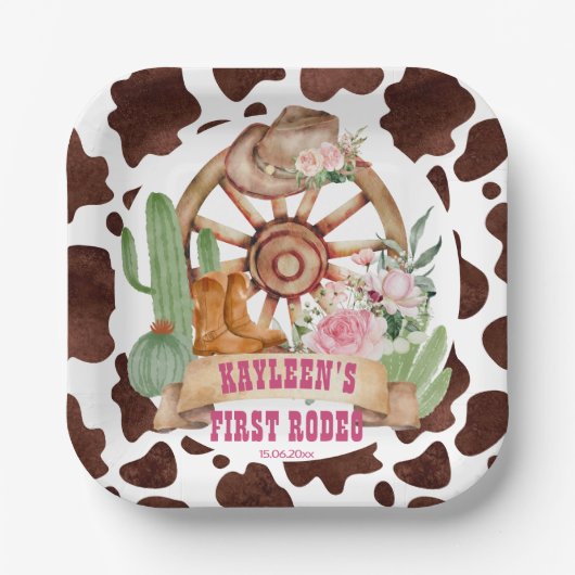 女性のカーボーイ第1回ロデオ誕生日パーティパーソナライズされたー ペーパープレート (正面)