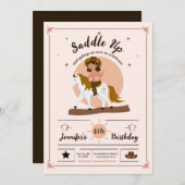 女性のカーボーイ素朴サドルアップ4歳の誕生日 招待状 (正面/裏面)