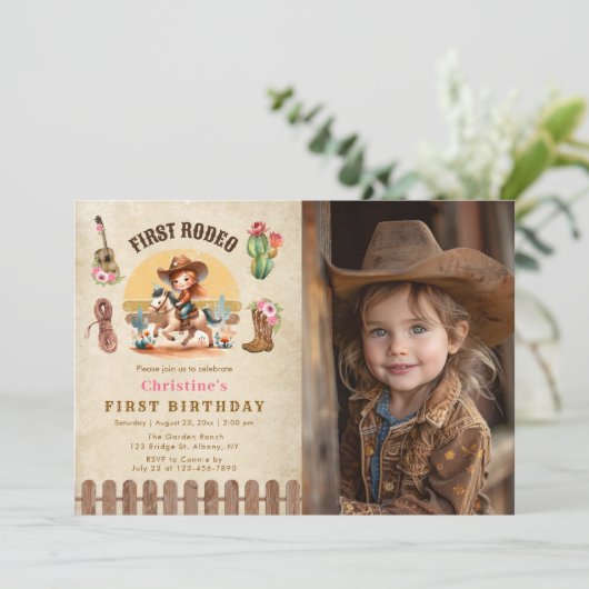 女性のカーボーイ素朴ファーストRodeo 1st Birthday Photo 招待状 (スタンド正面)