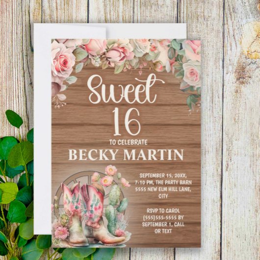女性のカーボーイ素朴ブーツピンクローゼズスウィート16 招待状