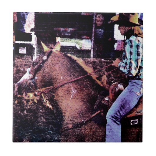 女性のカーボーイ絵を描と馬 タイル (正面)