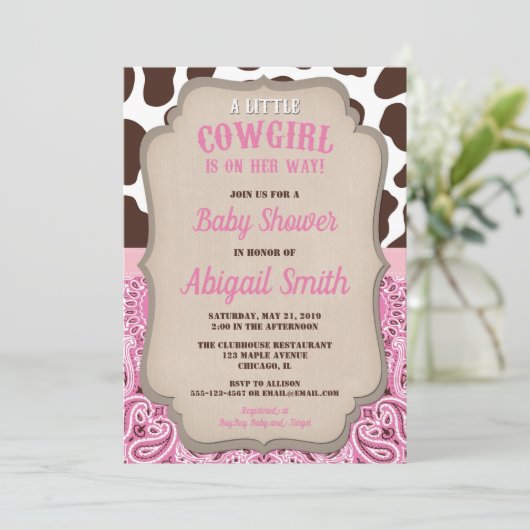 女性のカーボーイ西ピンクと茶色の女の子の赤ちゃんシャワー 招待状 (スタンド正面)