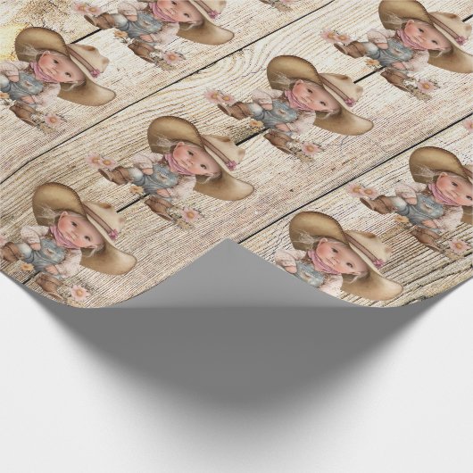 女性のカーボーイ西部の白い木目素朴な少女 ラッピングペーパー (角)