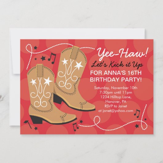 女性のカーボーイ誕生日のテーマパーティー招待状 招待状 (正面)
