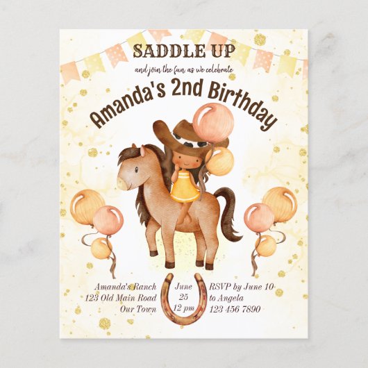 女性のカーボーイ誕生日の予算の招待を一時停止 (正面)