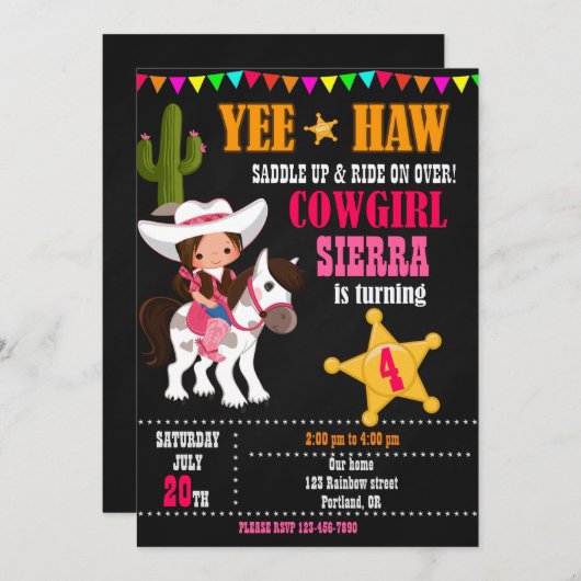 女性のカーボーイ誕生日の招待ウェスタンバースデーパーティー 招待状 (正面/裏面)