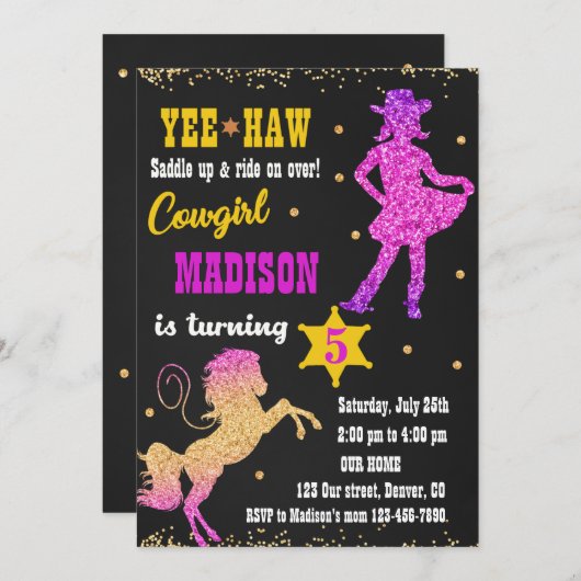 女性のカーボーイ誕生日の招待ウェスタン 招待状 (正面/裏面)