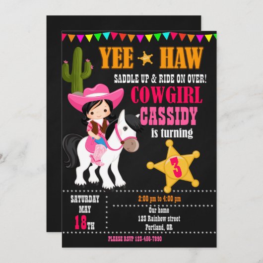 女性のカーボーイ誕生日の招待ワイルドウェスタン西1日 招待状 (正面/裏面)