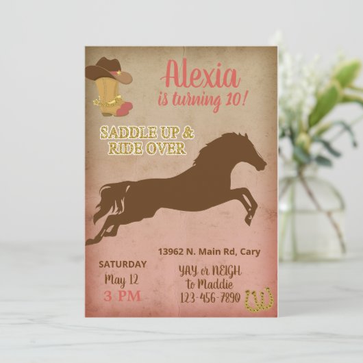 女性のカーボーイ誕生日の招待状、馬の女の子の招待状。 招待状 (スタンド正面)
