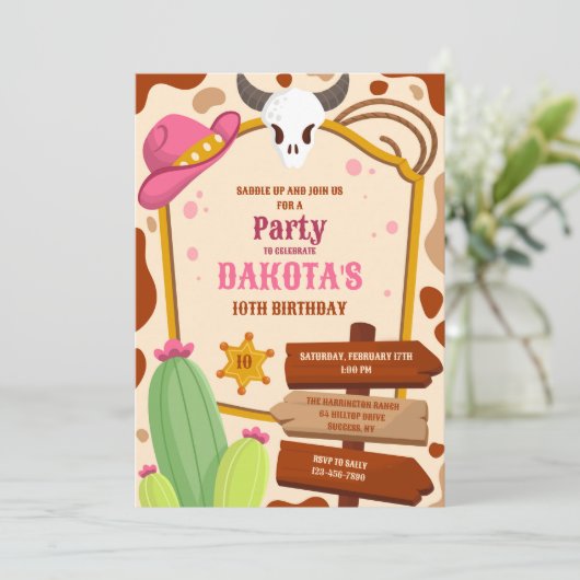 女性のカーボーイ誕生日パーティー 招待状 (スタンド正面)