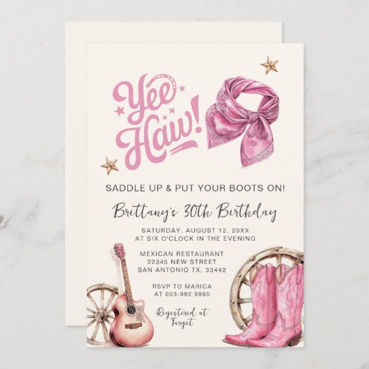 女性のカーボーイ誕生日ブーツ&ボウズ30th誕生日 招待状 (正面/裏面)
