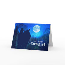 女性のカーボーイ誕生日ムーンライトマウンテンズトワイライトライド